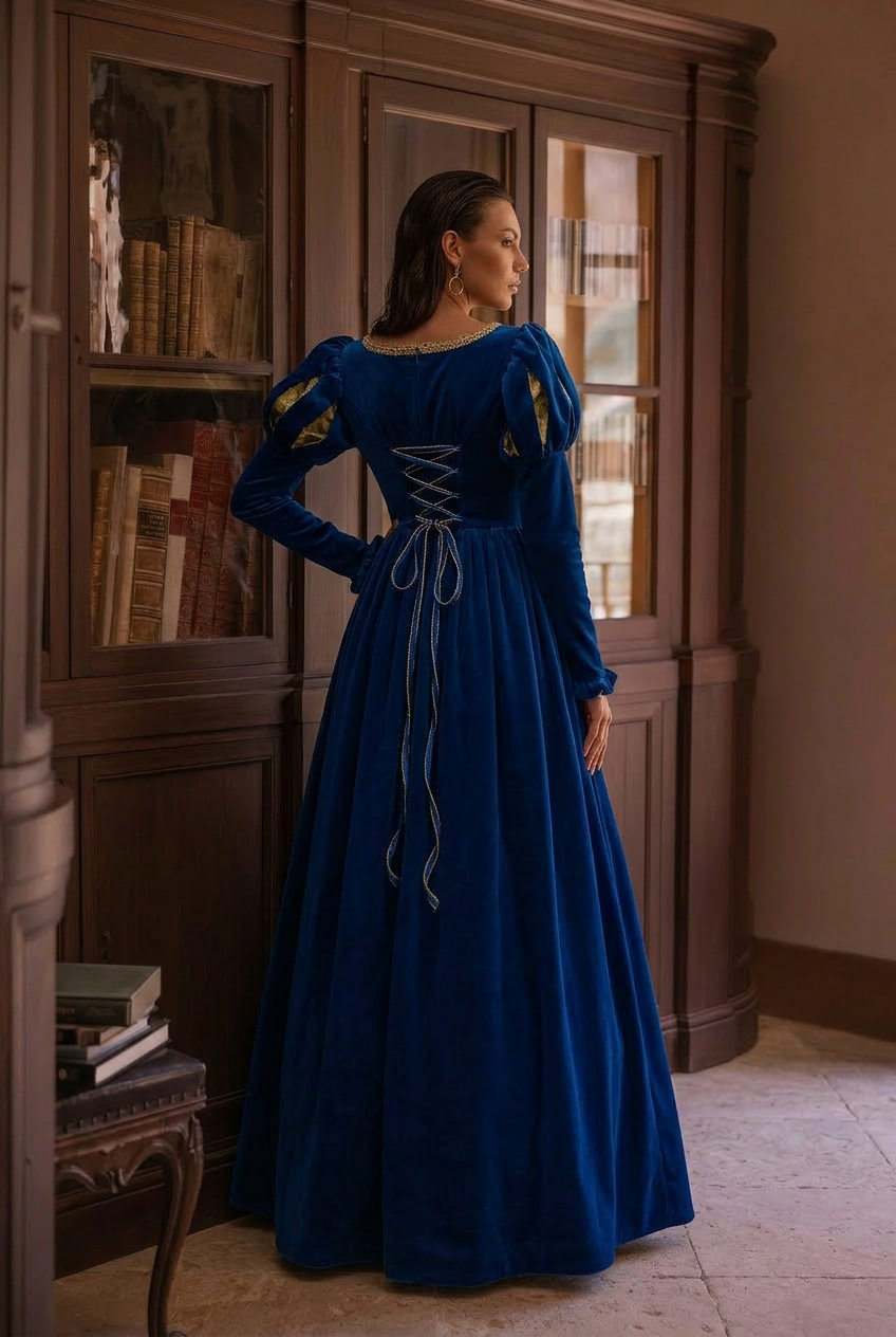 Regency Era Queen Dress - Renaissance Sapphire Velvet Jacquard Ball Gown Costume