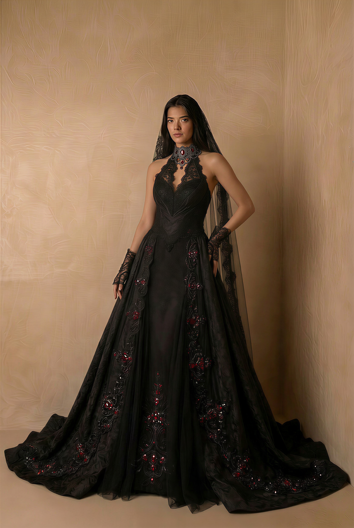 Unconventional Black Gothic Corset Wedding Dress – Satin Lace Embroidery Bridal Gown With Red Beaded Detail Plus Size
