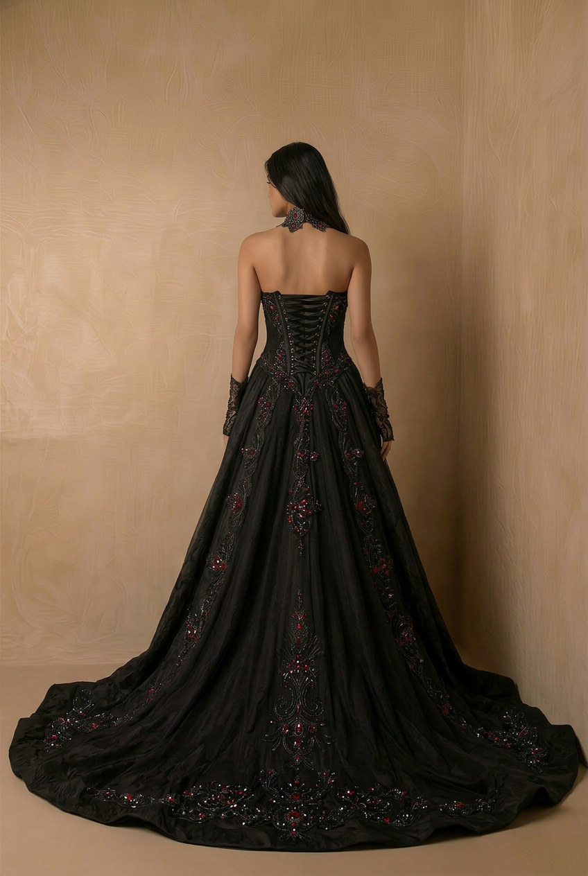 Unconventional Black Gothic Corset Wedding Dress – Satin Lace Embroidery Bridal Gown With Red Beaded Detail Plus Size