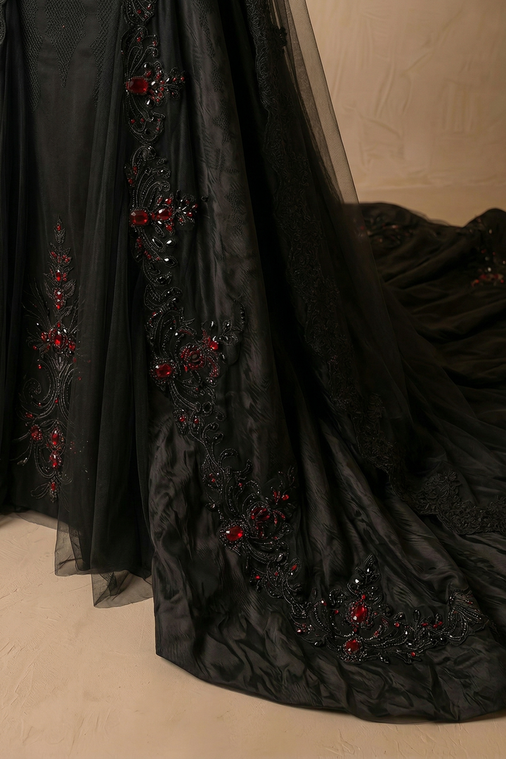 Unconventional Black Gothic Corset Wedding Dress – Satin Lace Embroidery Bridal Gown With Red Beaded Detail Plus Size