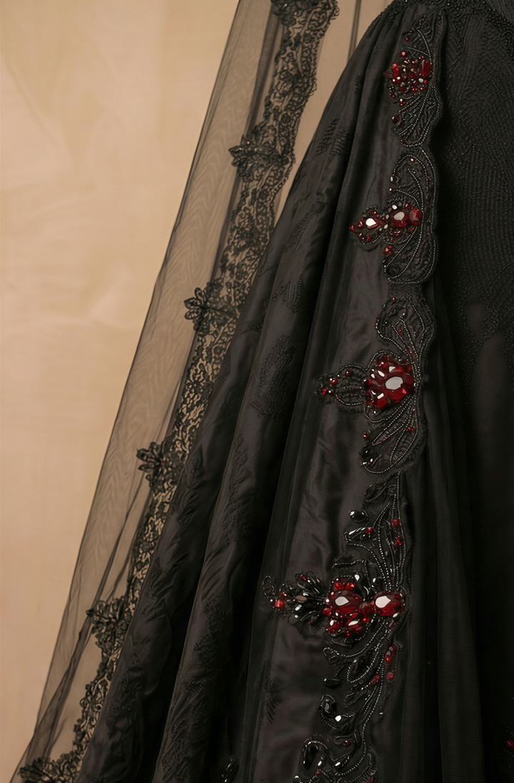 Unconventional Black Gothic Corset Wedding Dress – Satin Lace Embroidery Bridal Gown With Red Beaded Detail Plus Size