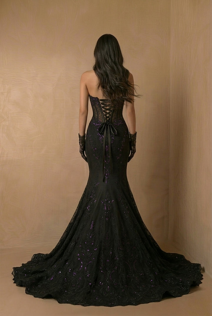 Unconventional Black Gothic Mermaid Wedding Dress – Halter Neck Corset Lace Embroidery Gown With Purple Shimmer Plus Size
