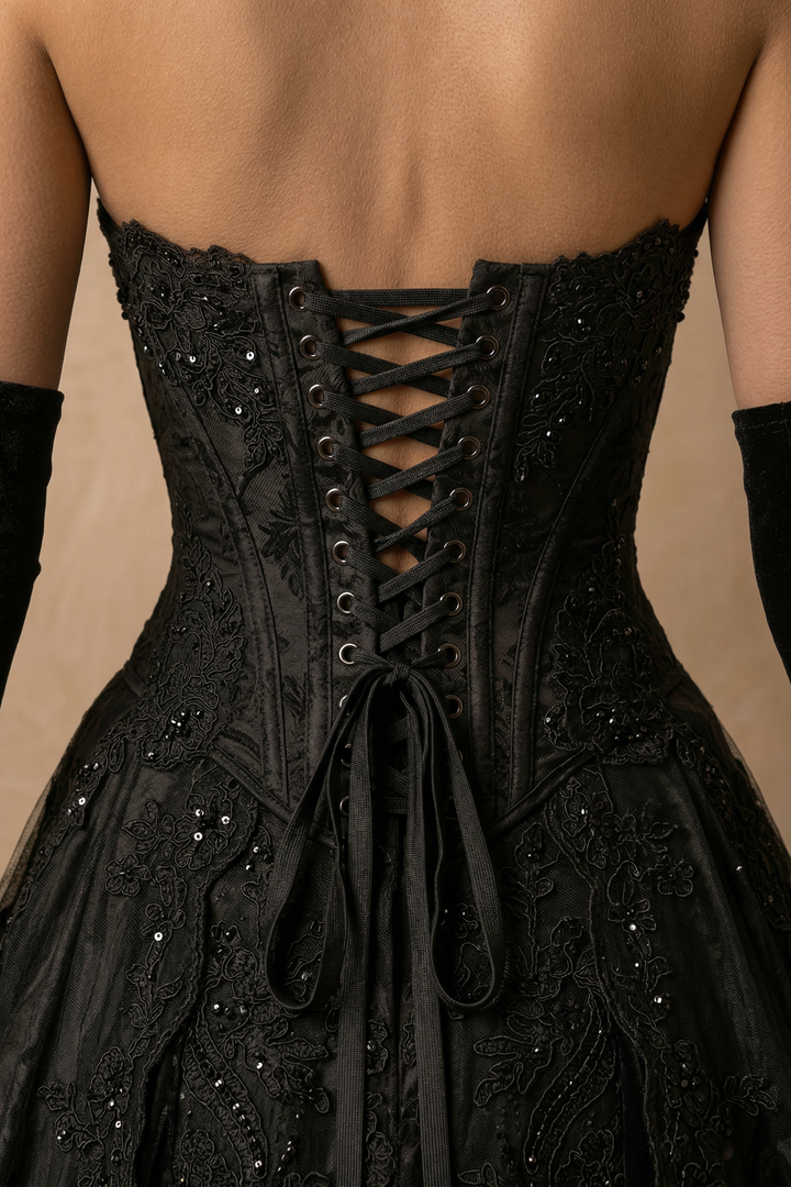 Unconventional Black Gothic Satin Embroidery Wedding Dress – Strapless Corset Luxury Bridal Gown Plus Size