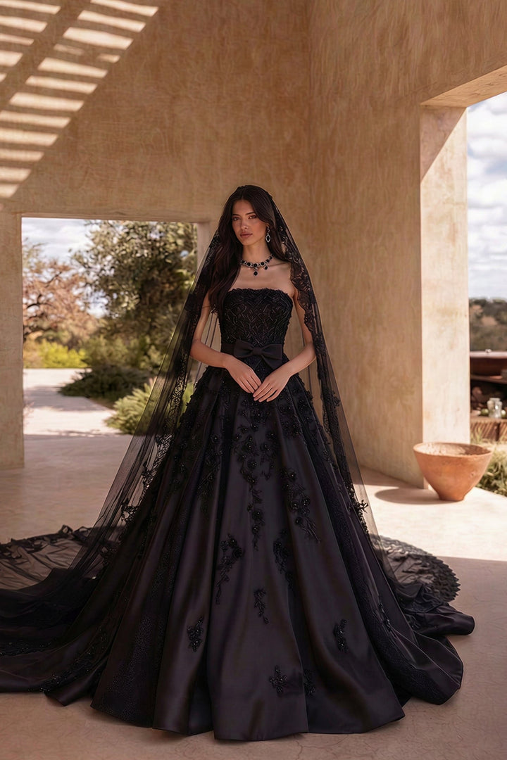 Unconventional Black Gothic Satin Embroidery Wedding Dress – Strapless Corset Luxury Bridal Gown Plus Size