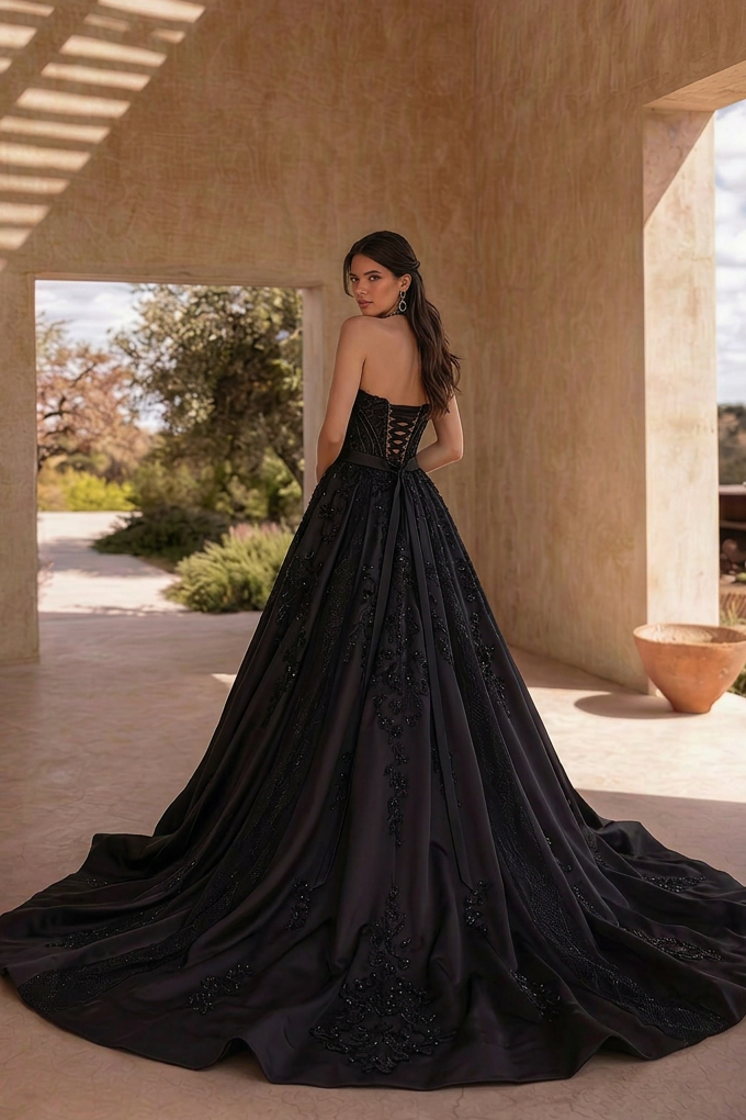 Unconventional Black Gothic Satin Embroidery Wedding Dress – Strapless Corset Luxury Bridal Gown Plus Size