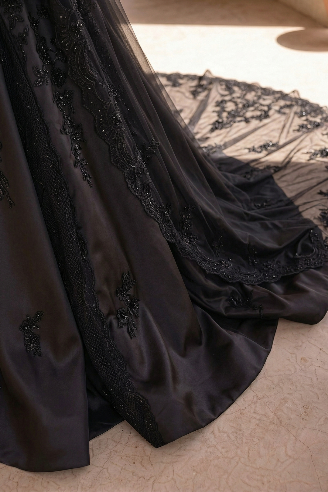 Unconventional Black Gothic Satin Embroidery Wedding Dress – Strapless Corset Luxury Bridal Gown Plus Size