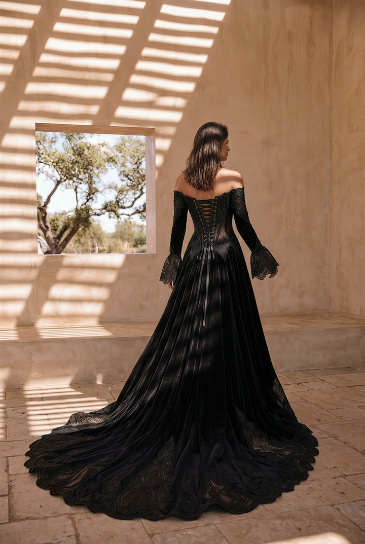 Unconventional Black Gothic Velvet Lace Embroidery Wedding Dress – Off Shoulder Long Sleeve Corset Luxury Dress Plus Size