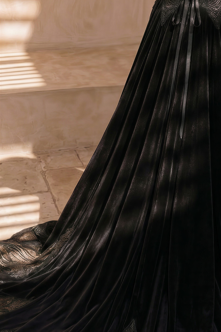 Unconventional Black Gothic Velvet Lace Embroidery Wedding Dress – Off Shoulder Long Sleeve Corset Luxury Dress Plus Size