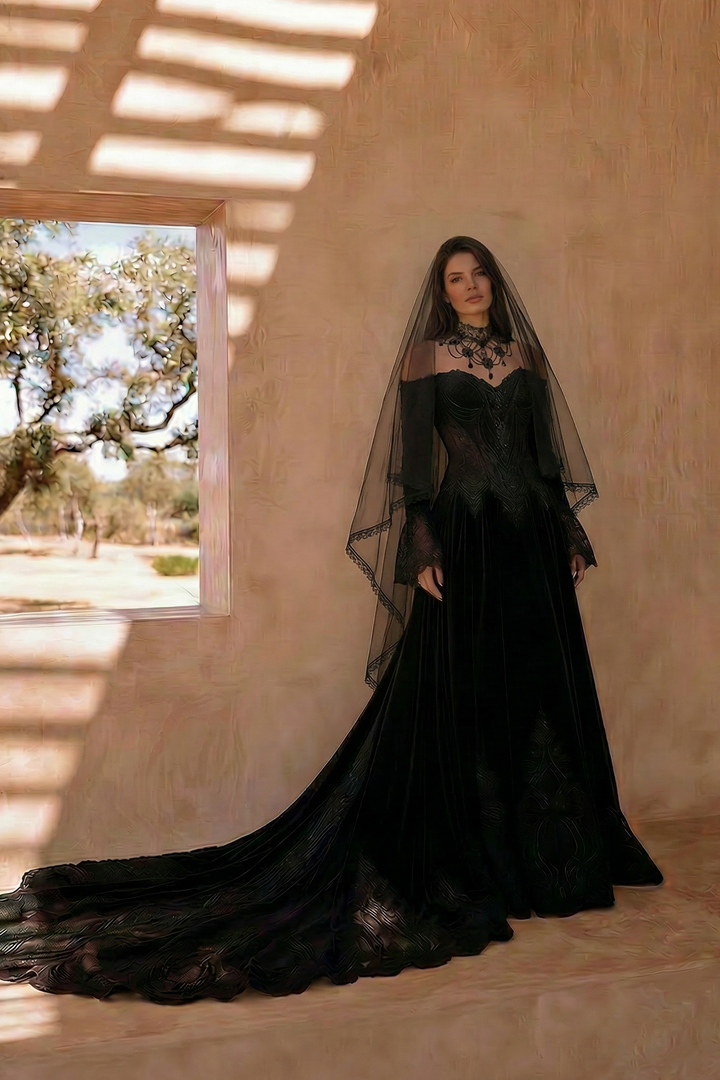 Unconventional Black Gothic Velvet Lace Embroidery Wedding Dress – Off Shoulder Long Sleeve Corset Luxury Dress Plus Size