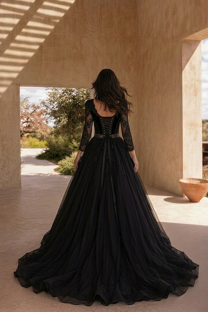 Unconventional Black Gothic Wedding Dress – Long Sleeve Corset Luxury Bridal Gown Plus Size