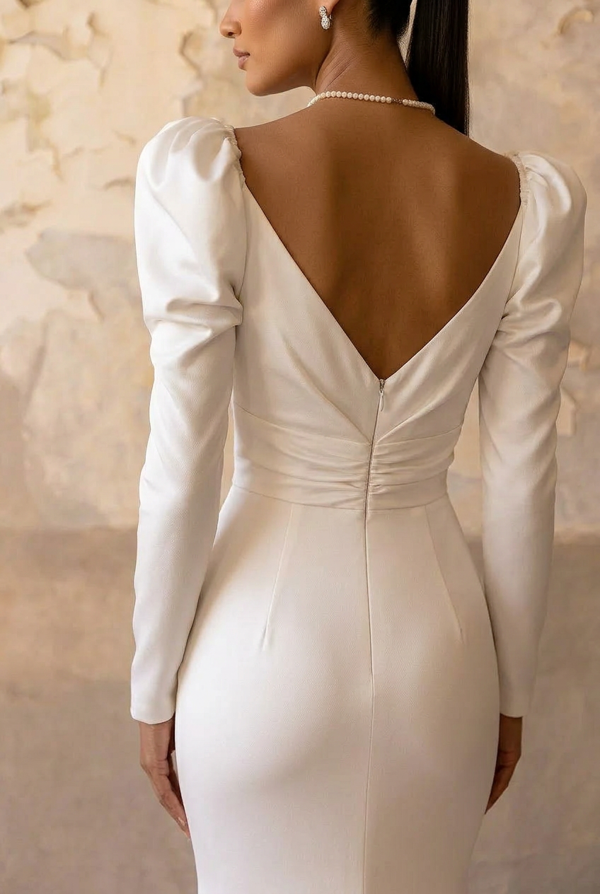 VINTAGE SATIN WEDDING DRESS WITH LONG SLEEVES