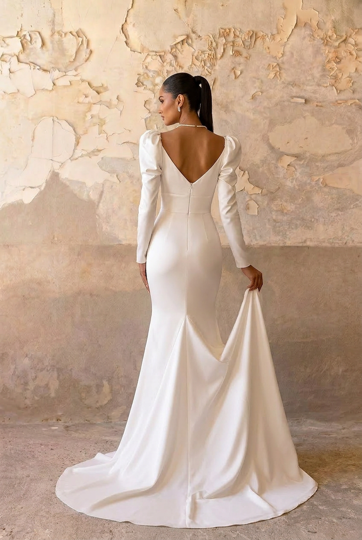 VINTAGE SATIN WEDDING DRESS WITH LONG SLEEVES - SIMPLE WEDDING DRESS PLUS SIZE