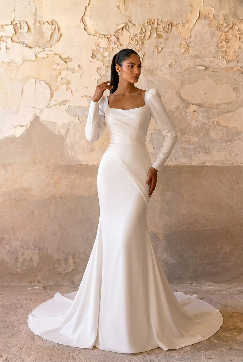VINTAGE SATIN WEDDING DRESS WITH LONG SLEEVES