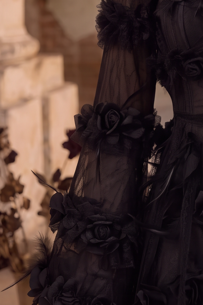 Victorian-Inspired Gothic Black Lace Dress with Rose Appliqué and Bell Sleeves – Gothic Lace Evening Gown Plus Size