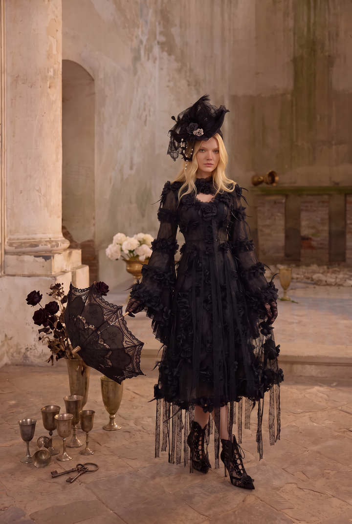 Victorian-Inspired Gothic Black Lace Dress with Rose Appliqué and Bell Sleeves – Gothic Lace Evening Gown Plus Size