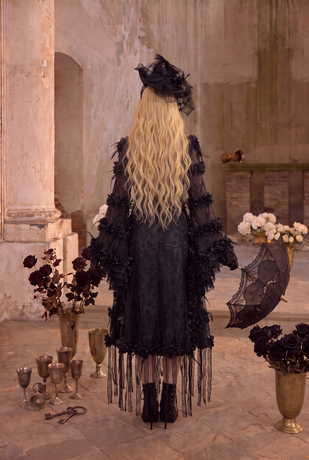 Victorian-Inspired Gothic Black Lace Dress with Rose Appliqué and Bell Sleeves – Gothic Lace Evening Gown Plus Size