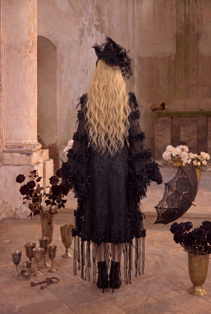 Victorian-Inspired Gothic Black Lace Dress with Rose Appliqué and Bell Sleeves – Gothic Lace Evening Gown Plus Size