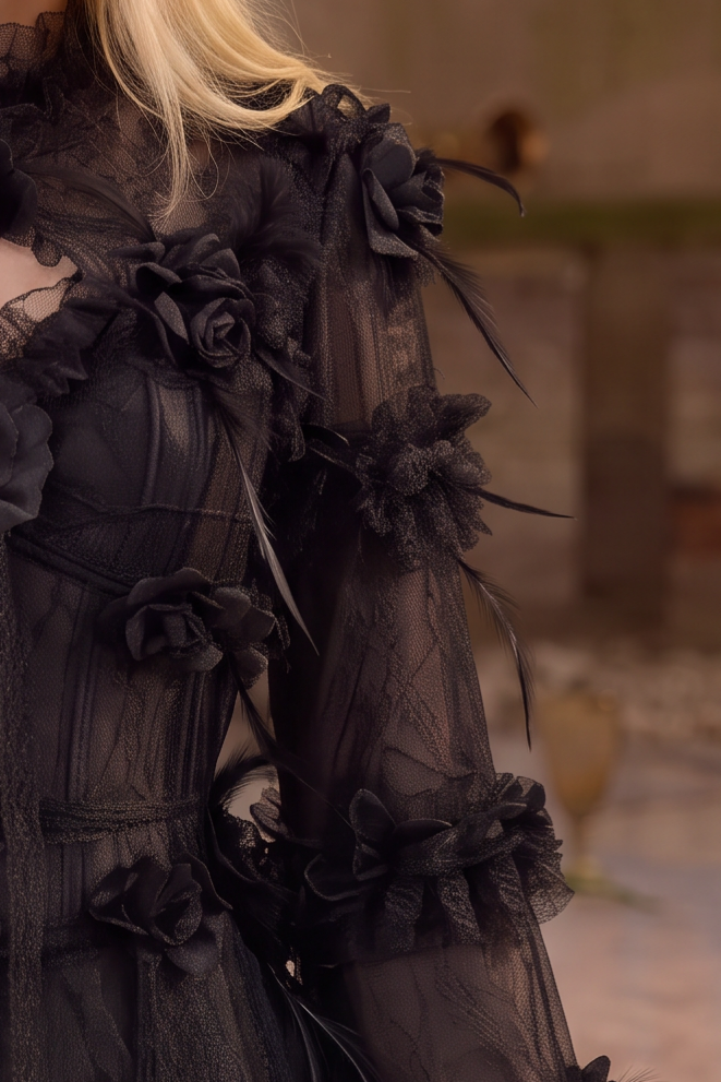 Victorian-Inspired Gothic Black Lace Dress with Rose Appliqué and Bell Sleeves – Gothic Lace Evening Gown Plus Size