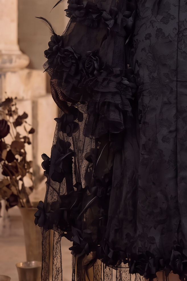 Victorian-Inspired Gothic Black Lace Dress with Rose Appliqué and Bell Sleeves – Gothic Lace Evening Gown Plus Size