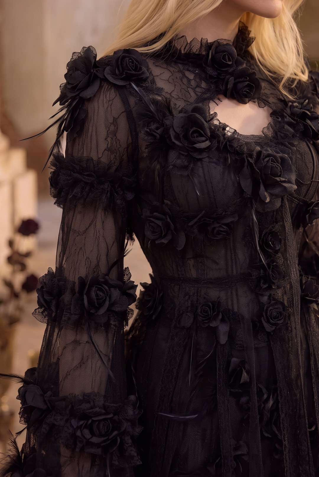 Victorian-Inspired Gothic Black Lace Dress with Rose Appliqué and Bell Sleeves – Gothic Lace Evening Gown Plus Size