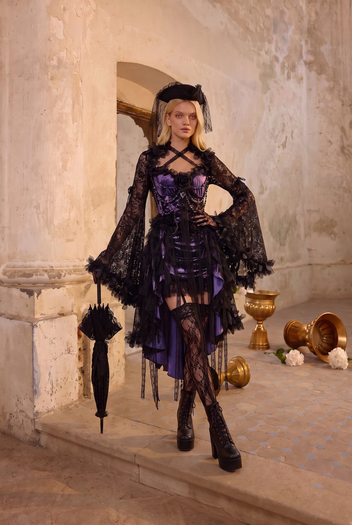 Victorian-Inspired Gothic Purple and Black Lace Corset Dress with High-Low Skirt – Gothic Prom Dress with Long Sleeves Plus Size