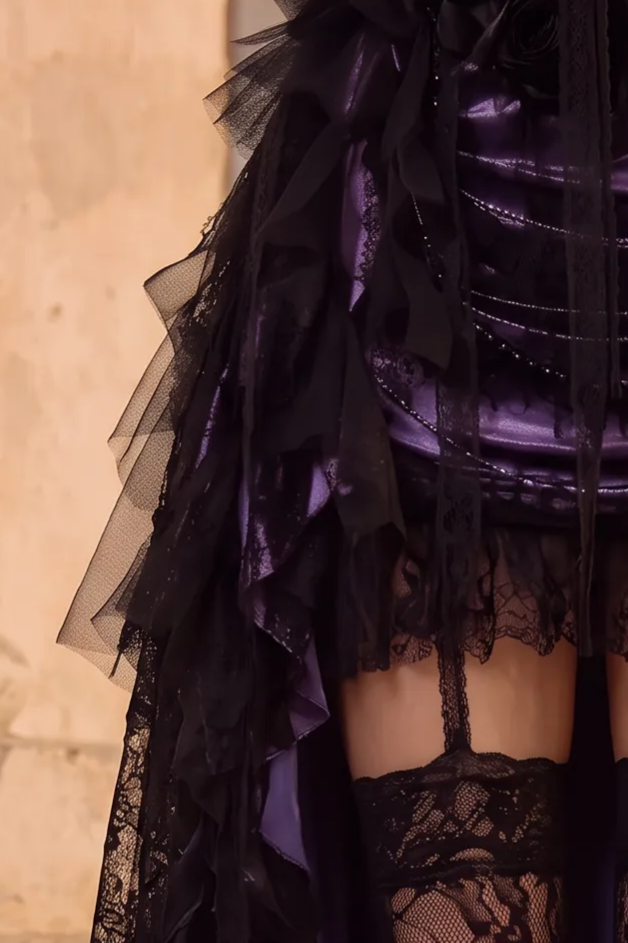 Victorian-Inspired Gothic Purple and Black Lace Corset Dress with High-Low Skirt – Gothic Prom Dress with Long Sleeves Plus Size