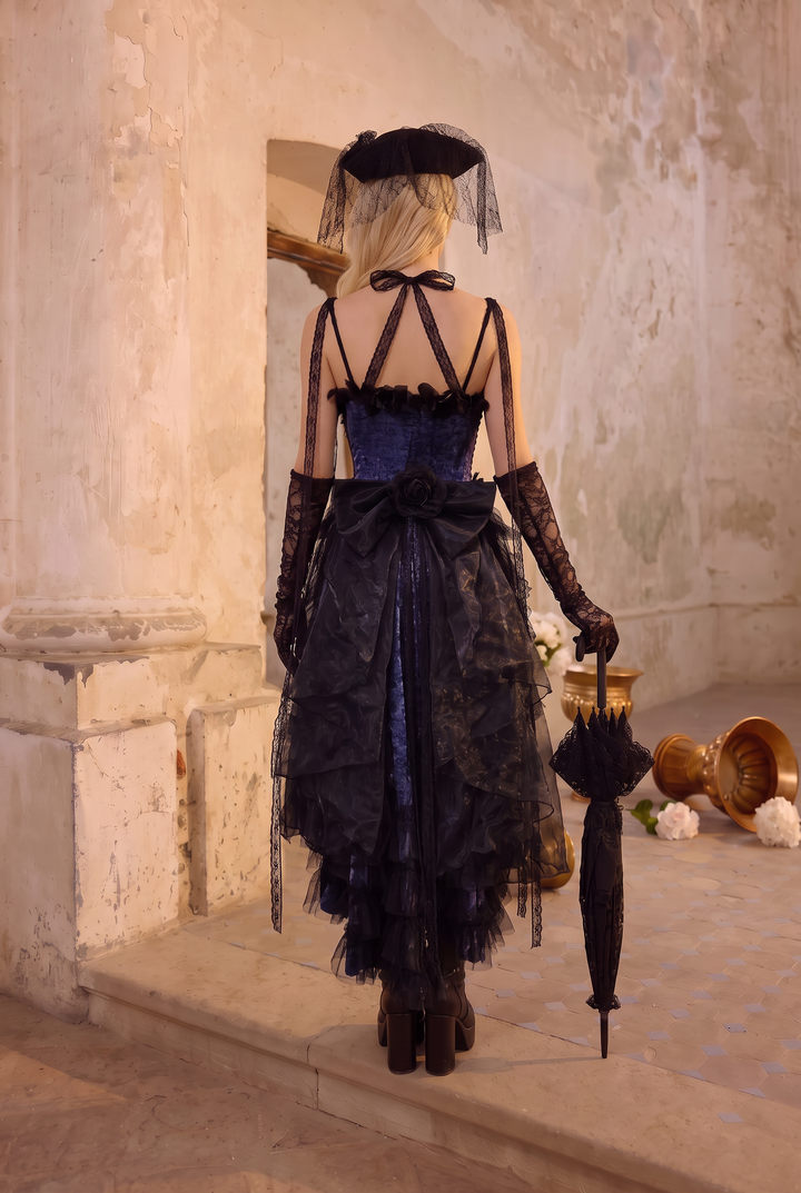 Victorian-Inspired Gothic Purple and Black Lace Corset Dress with High-Low Skirt – Gothic Prom Dress with Long Sleeves Plus Size