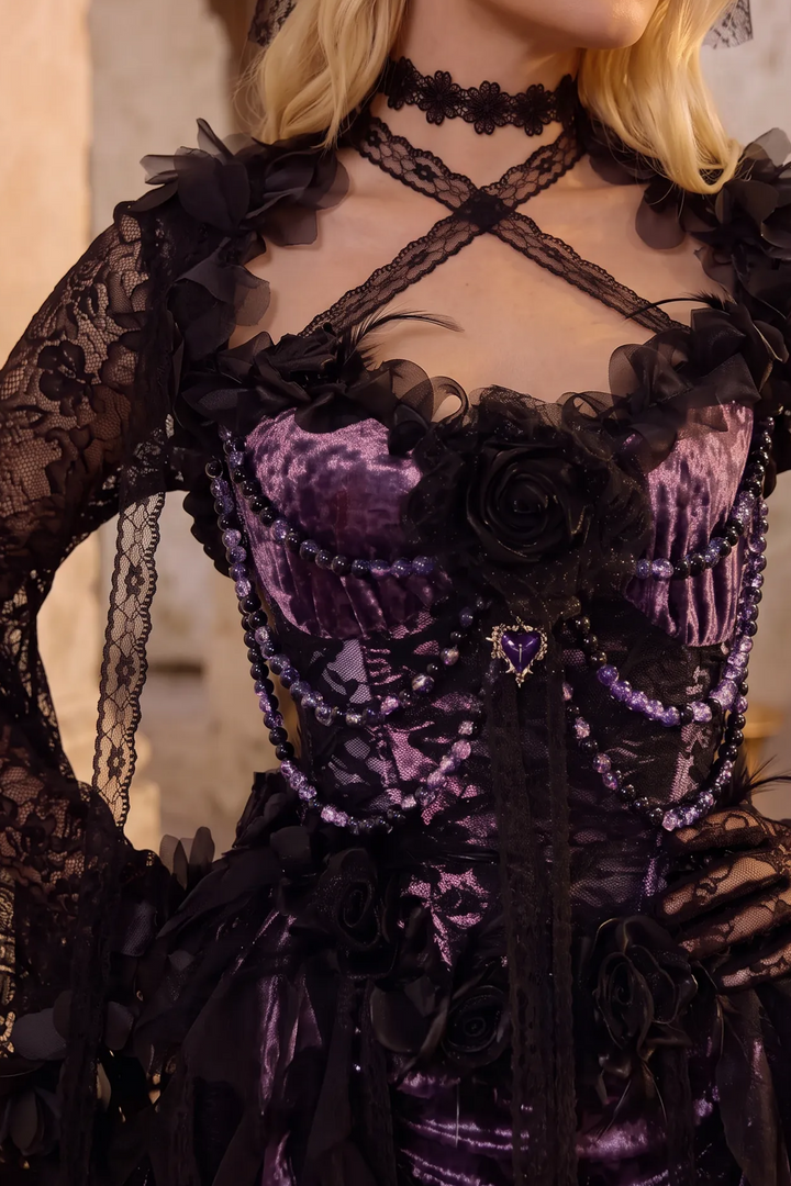 Victorian-Inspired Gothic Purple and Black Lace Corset Dress with High-Low Skirt – Gothic Prom Dress with Long Sleeves Plus Size