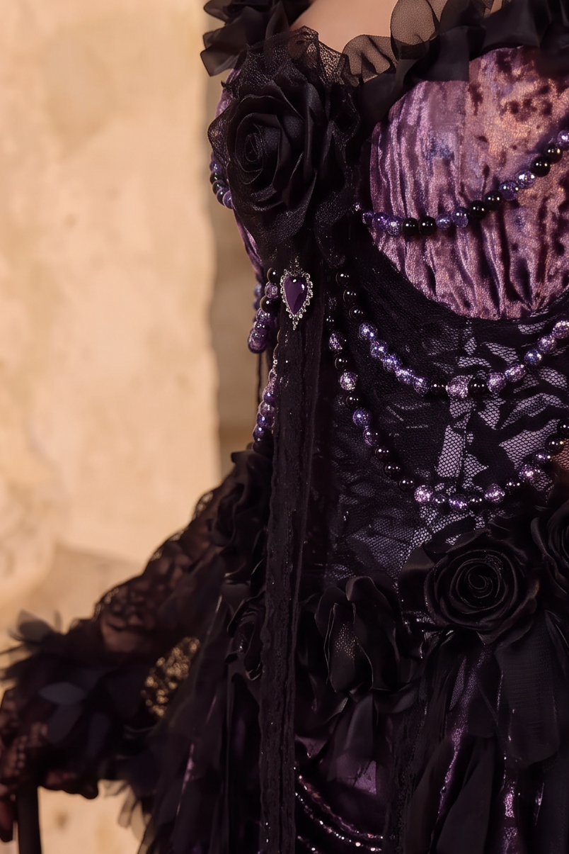 Victorian-Inspired Gothic Purple and Black Lace Corset Dress with High-Low Skirt – Gothic Prom Dress with Long Sleeves Plus Size