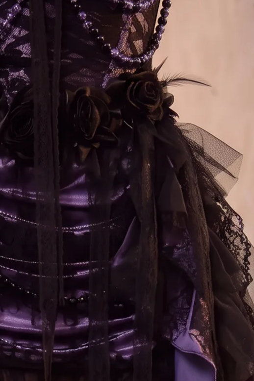 Victorian-Inspired Gothic Purple and Black Lace Corset Dress with High-Low Skirt – Gothic Prom Dress with Long Sleeves Plus Size