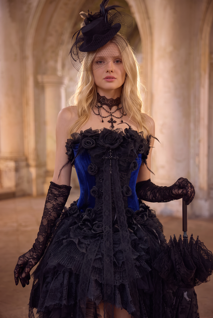 Victorian-Inspired Gothic Strapless High-Low Dress in Blue Velvet with Black Lace Ruffles – Gothic Evening Dress Plus Size