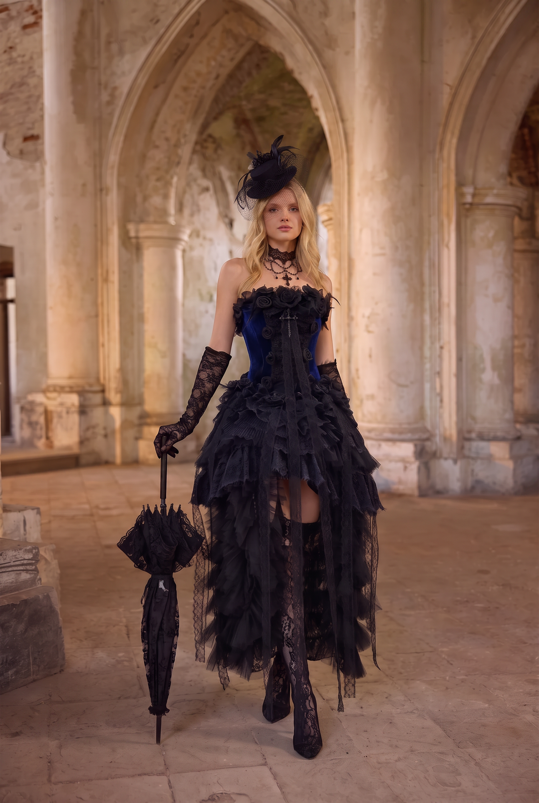 Victorian-Inspired Gothic Strapless High-Low Dress in Blue Velvet with Black Lace Ruffles – Gothic Evening Dress Plus Size