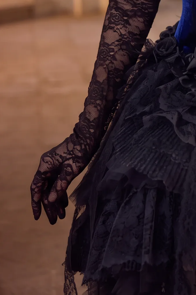 Victorian-Inspired Gothic Strapless High-Low Dress in Blue Velvet with Black Lace Ruffles – Gothic Evening Dress Plus Size