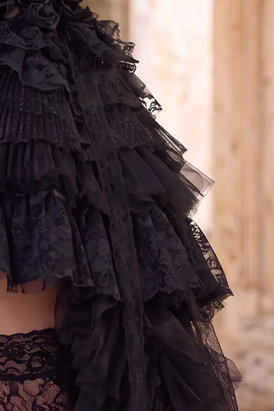 Victorian-Inspired Gothic Strapless High-Low Dress in Blue Velvet with Black Lace Ruffles – Gothic Evening Dress Plus Size