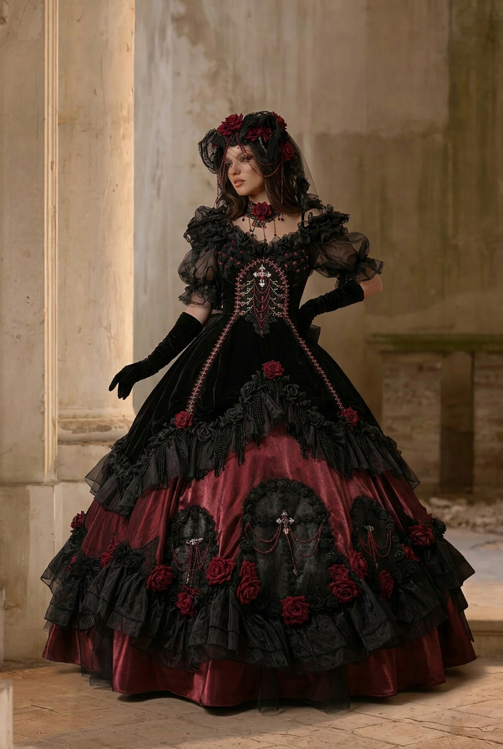 Victorian-Inspired Black Gothic Lolita Ball Gown with Burgundy Satin and Edwardian Lace – Gothic Evening Dress Plus Size