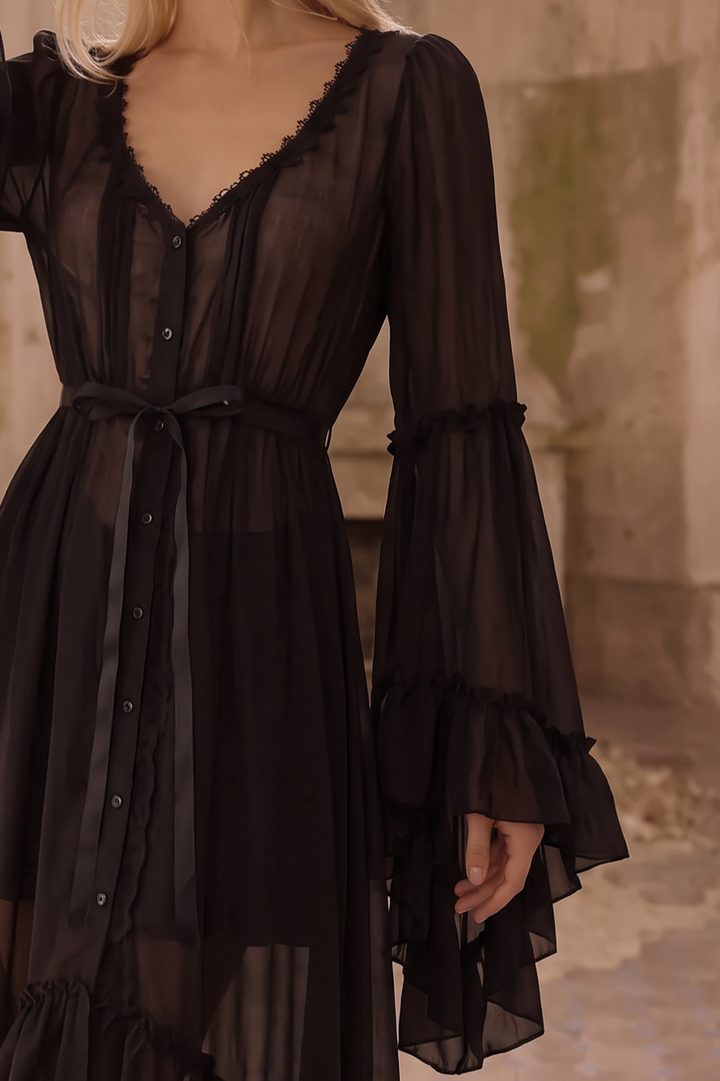 Victorian-Inspired Black Gothic Lolita Ball Gown with Lace Trim and Tiered Skirt – Edwardian Tencel Dress Plus Size