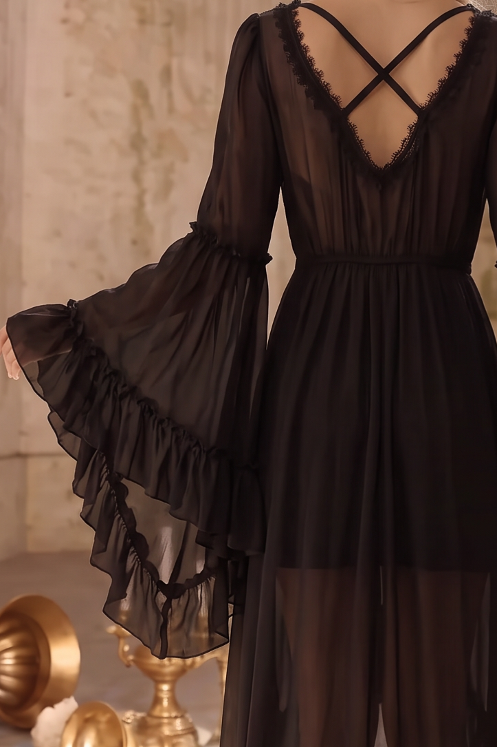 Victorian-Inspired Black Gothic Lolita Ball Gown with Lace Trim and Tiered Skirt – Edwardian Tencel Dress Plus Size