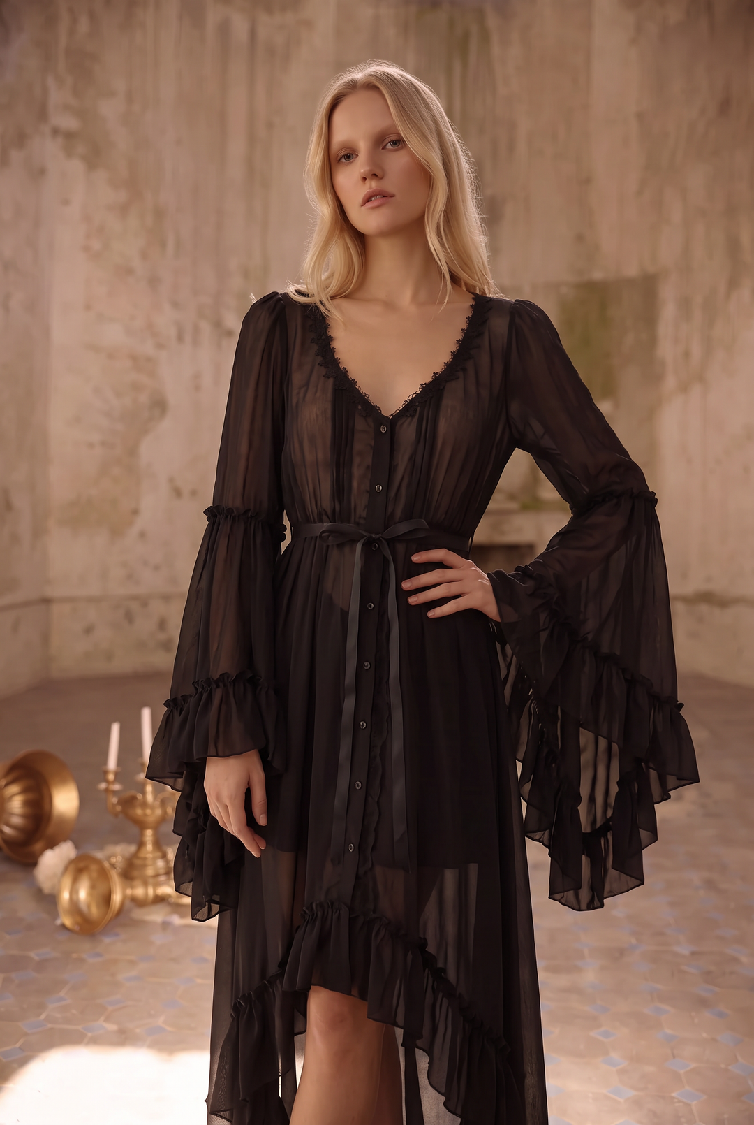 Victorian-Inspired Black Gothic Lolita Ball Gown with Lace Trim and Tiered Skirt – Edwardian Tencel Dress Plus Size