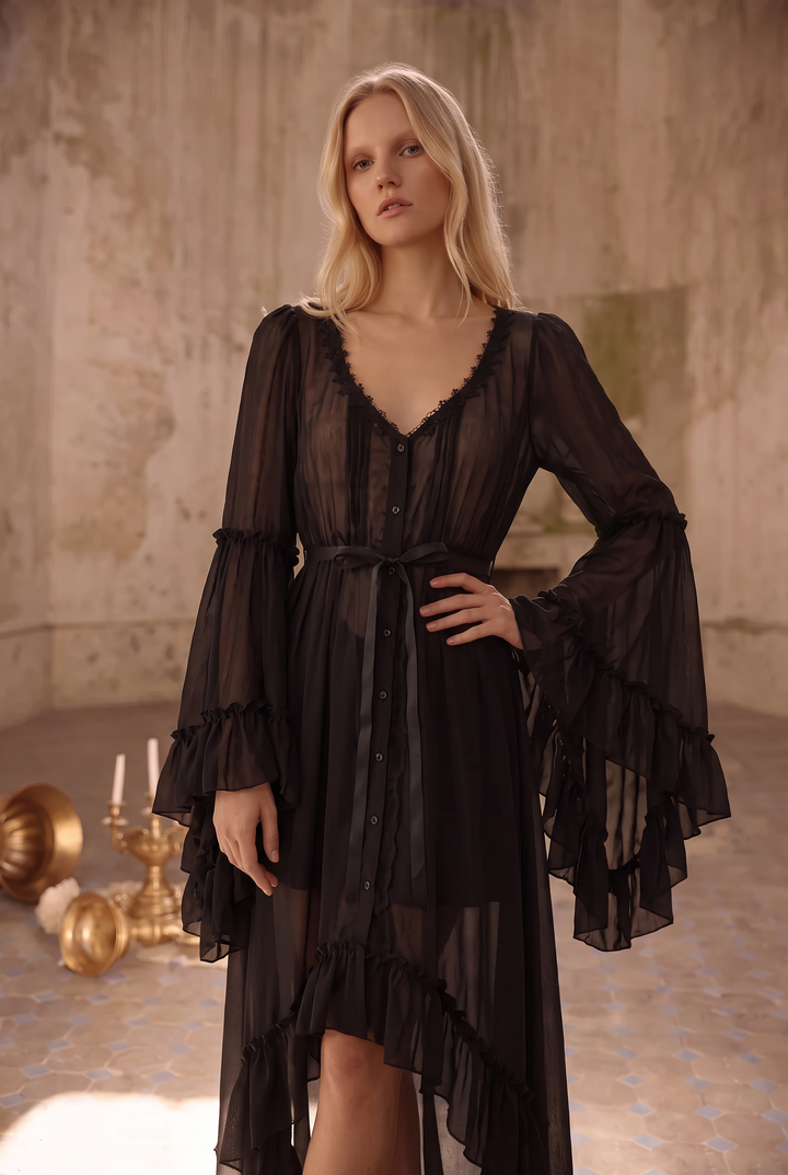 Victorian-Inspired Black Gothic Lolita Ball Gown with Lace Trim and Tiered Skirt – Edwardian Tencel Dress Plus Size