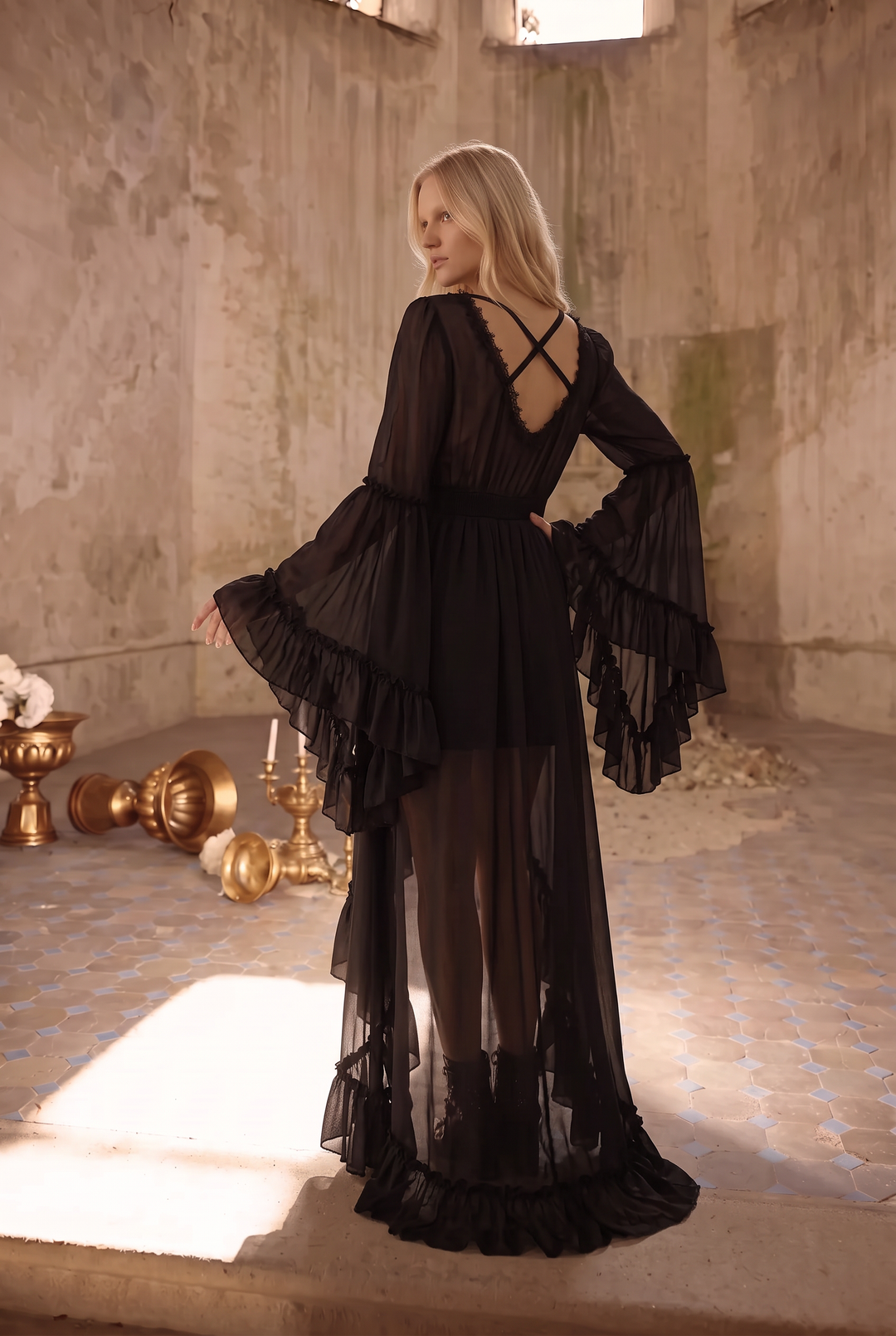 Victorian-Inspired Black Gothic Lolita Ball Gown with Lace Trim and Tiered Skirt – Edwardian Tencel Dress Plus Size