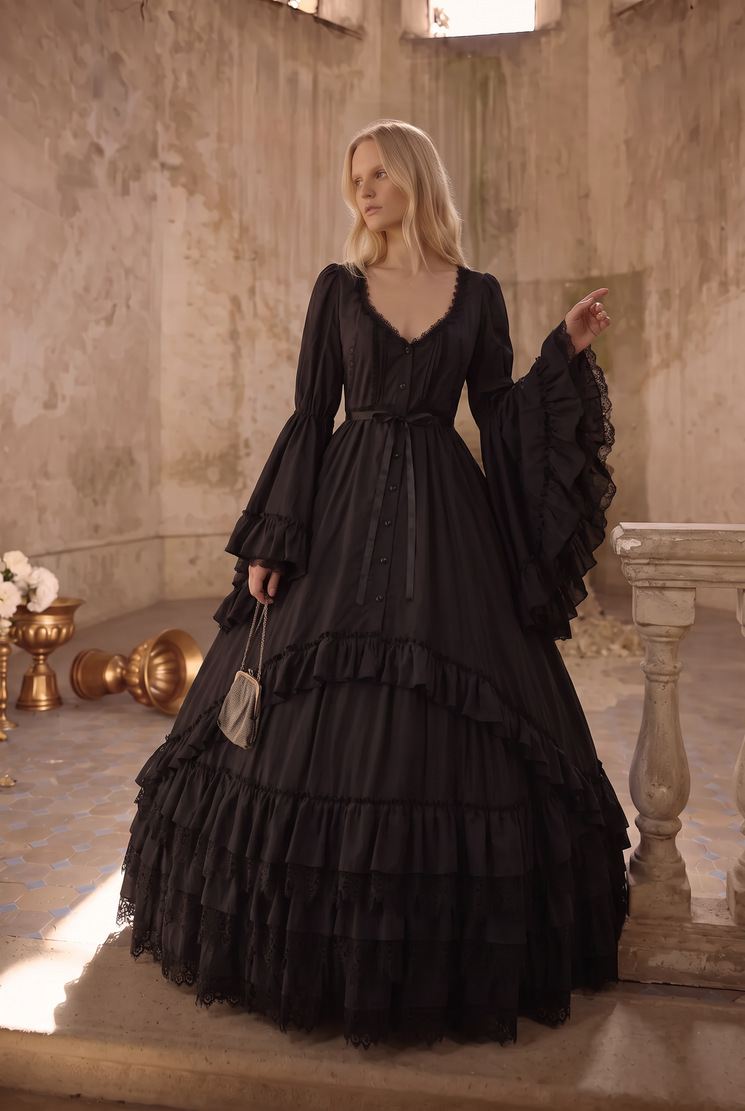 Victorian-Inspired Black Gothic Lolita Ball Gown with Lace Trim and Tiered Skirt – Edwardian Tencel Dress Plus Size