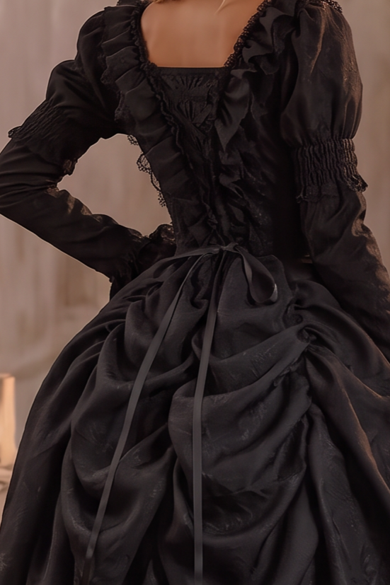 Victorian-Inspired Gothic Black Lace Ball Gown with Long Sleeves and Corset Back – Baroque-Inspired Mourning Dress Plus Size