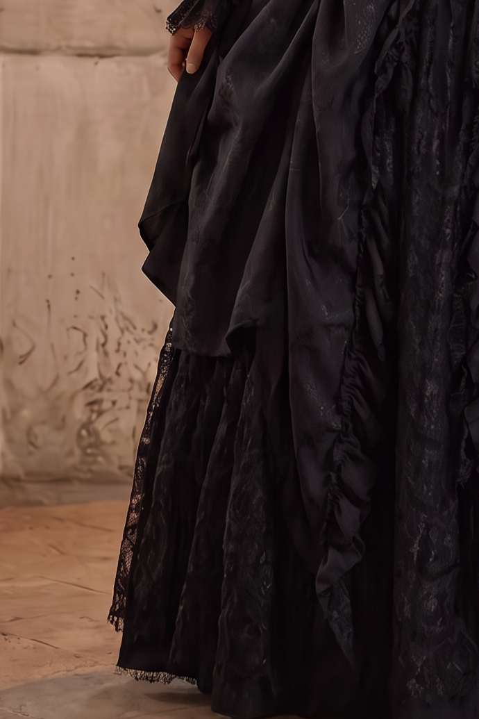 Victorian-Inspired Gothic Black Lace Ball Gown with Long Sleeves and Corset Back – Baroque-Inspired Mourning Dress Plus Size