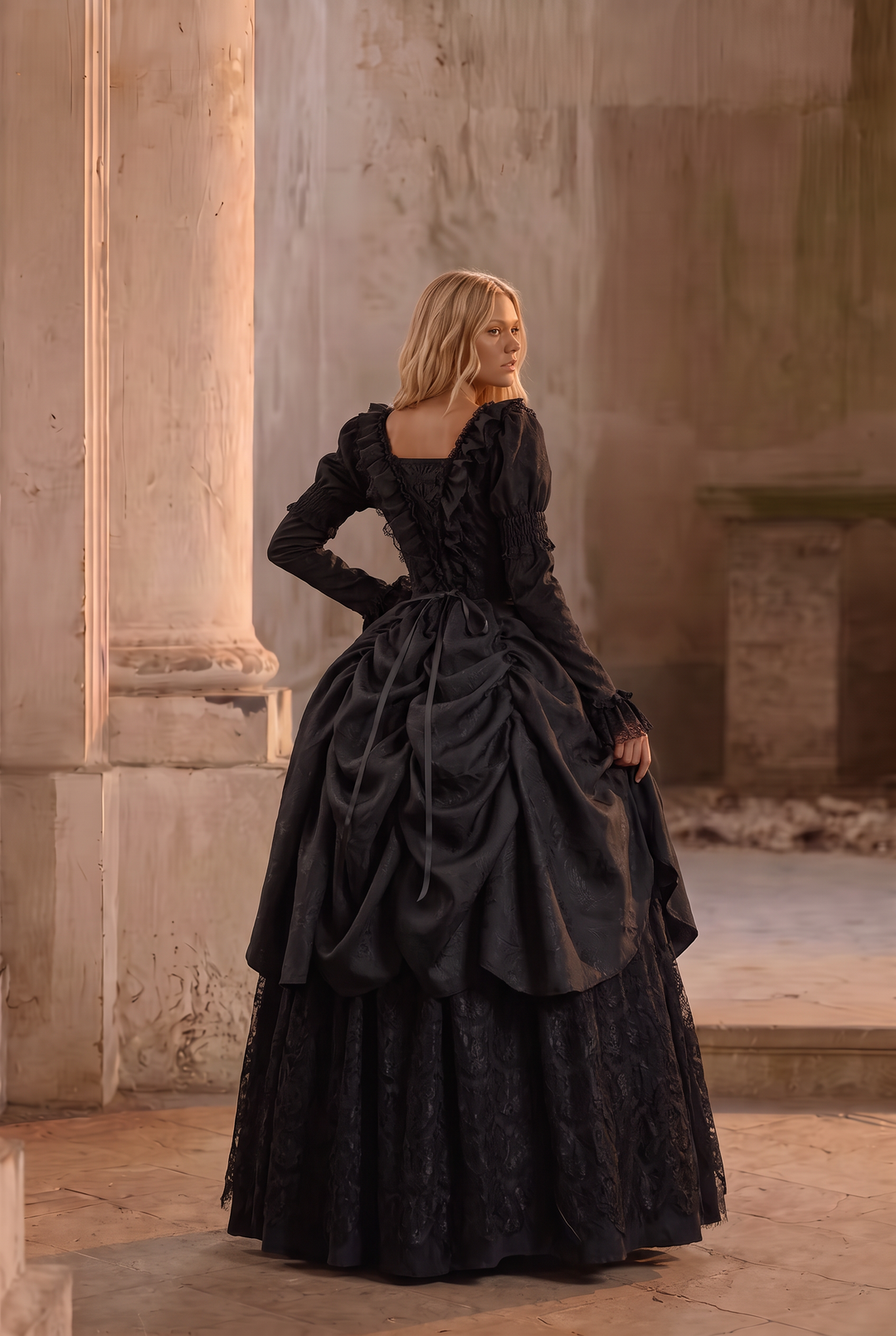Victorian-Inspired Gothic Black Lace Ball Gown with Long Sleeves and Corset Back – Baroque-Inspired Mourning Dress Plus Size