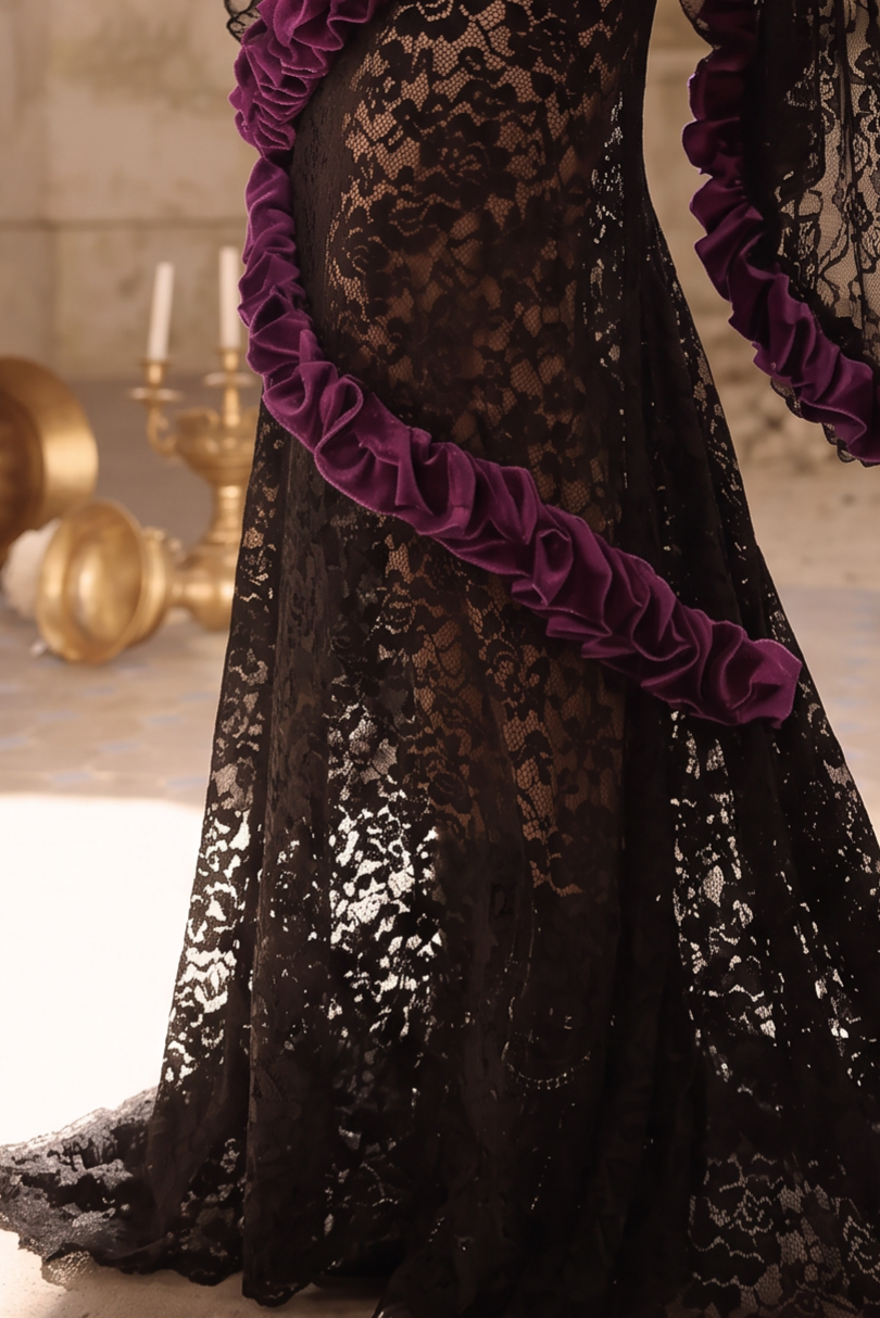 Victorian-Inspired Gothic Black and Purple Lace Corset Dress with Sheer Mermaid Skirt – Black Sexy Dress Plus Size