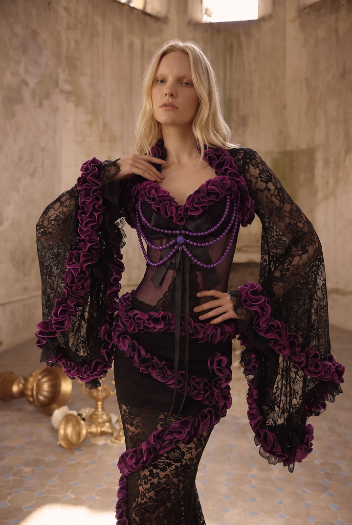 Victorian-Inspired Gothic Black and Purple Lace Corset Dress with Sheer Mermaid Skirt – Black Sexy Dress Plus Size