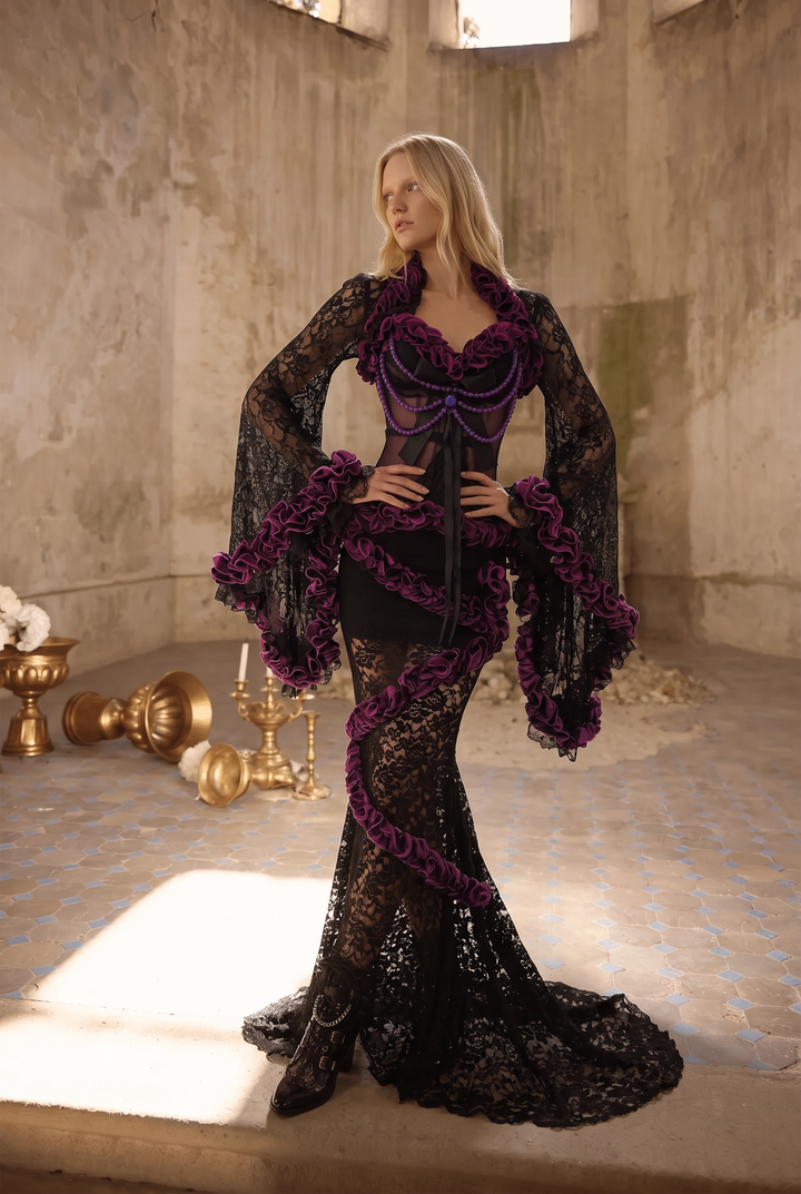 Victorian-Inspired Gothic Black and Purple Lace Corset Dress with Sheer Mermaid Skirt – Black Sexy Dress Plus Size