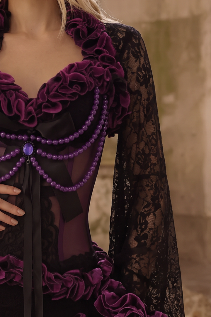 Victorian-Inspired Gothic Black and Purple Lace Corset Dress with Sheer Mermaid Skirt – Black Sexy Dress Plus Size