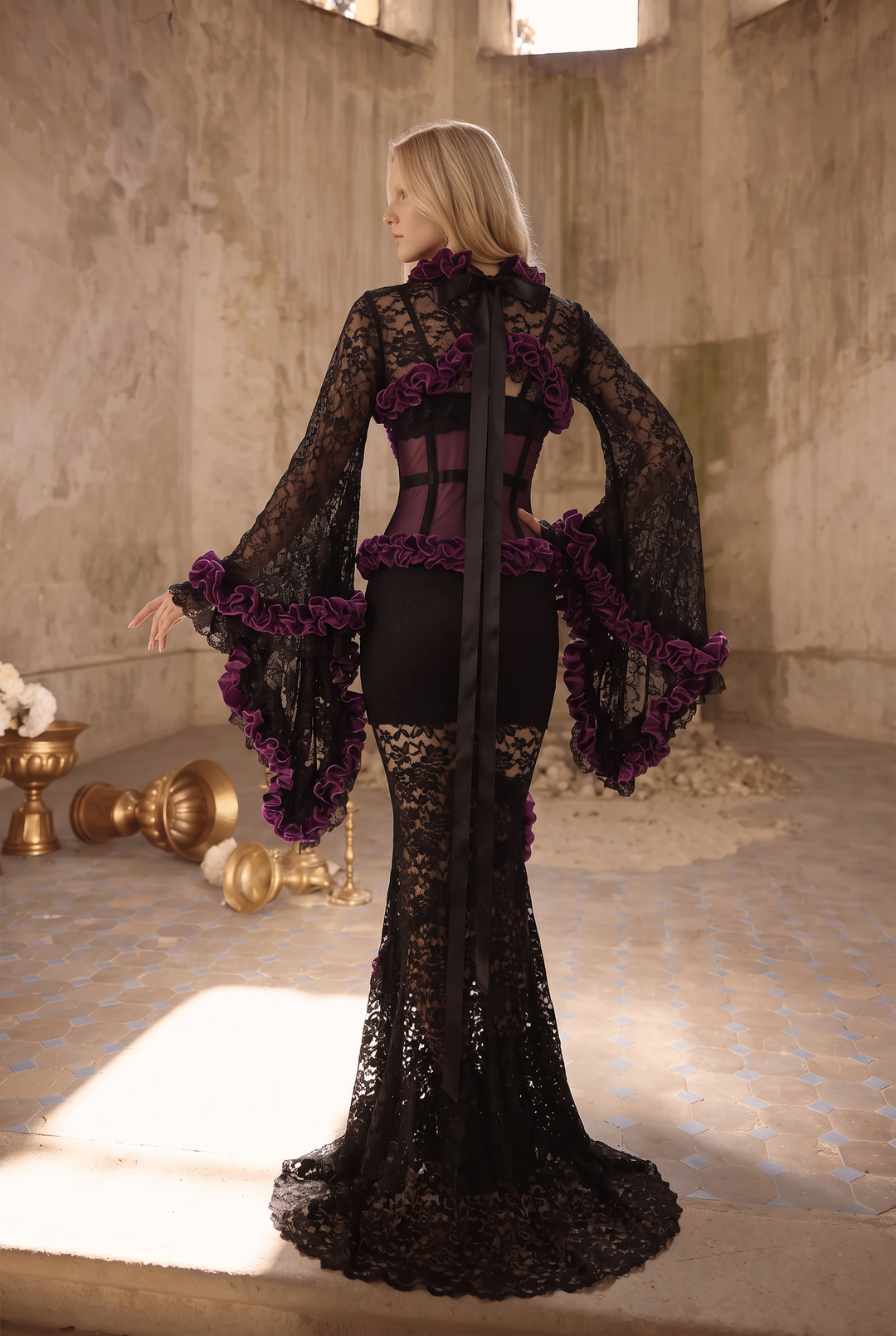 Victorian-Inspired Gothic Black and Purple Lace Corset Dress with Sheer Mermaid Skirt – Black Sexy Dress Plus Size