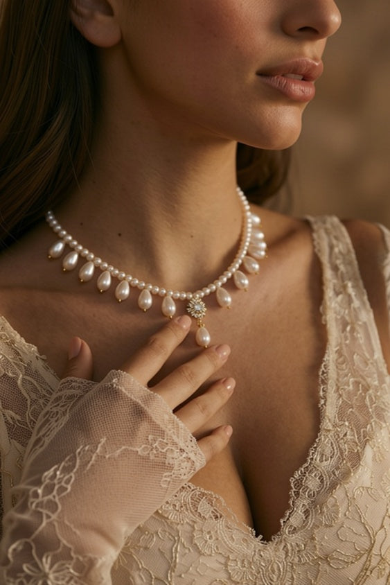 Victorian Pearl Fringe Necklace Regency Era Bridal Choker Gothic Romantic Jewelry